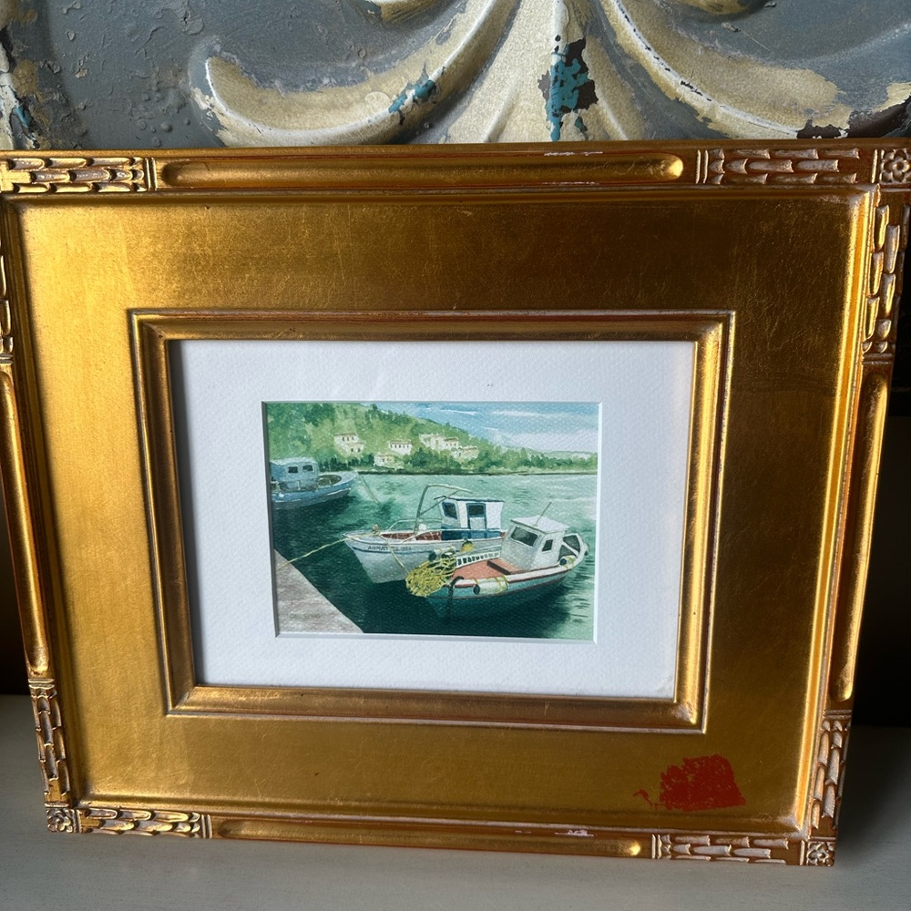 Framed watercolor boats lake Ohio artist